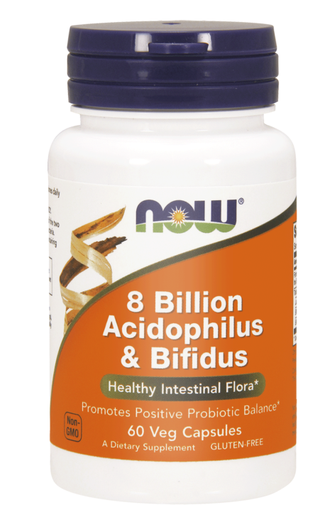 Now Foods 8 Bilion Acidophilus & Bifidus, kapsułki ze składnikami wspomagającymi utrzymanie zdrowej flory jelitowej, 60 szt.
