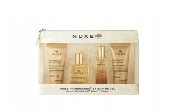 NUXE POLSKA NUXE Prodigieux , zestaw: olejek pod prysznic, 30 ml + suchy olejek pielęgnacyjny, 30 ml + perfumy, 15 ml + mleczko do ciała, 30 ml — Składniki i ocena