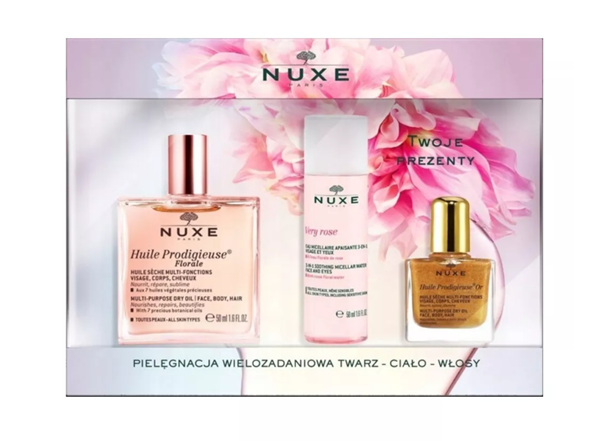NUXE POLSKA Nuxe Huile Prodigieuse, zestaw: suchy olejek, 50 ml + woda micelarna 3 w 1, 50 ml + suchy olejek z drobinkami, 10 ml