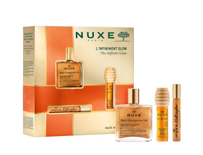 Nuxe Glow Huile Prodigieuse Or, suchy olejek roll-on, 8 ml + suchy olejek ze złotymi drobinkami, 50 ml + miodowy olejek do ust, 10 ml