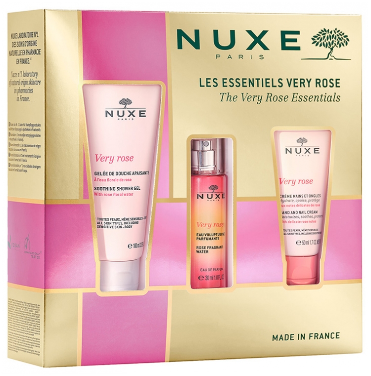 Nuxe Very Rose, żel pod prysznic, 100 ml + krem do rąk, 50 ml + woda zapachowa, 30 ml