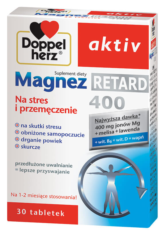 Doppelherz aktiv Magnez Retard 400, tabletki ze składnikami wspomagającymi w stresie i przemęczeniu, 30 szt.
