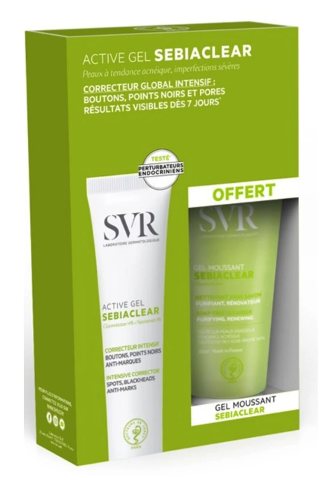 SVR SVR SEBIACLEAR, aktywny żel redukujący, 40 ml + żel do mycia twarzy, 55 ml