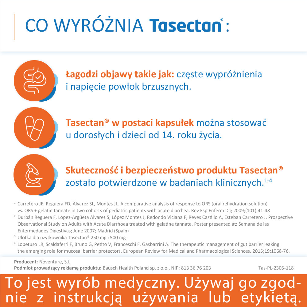 Tasectan 500 mg, kapsułki łagodzące objawy biegunki, 15 szt.