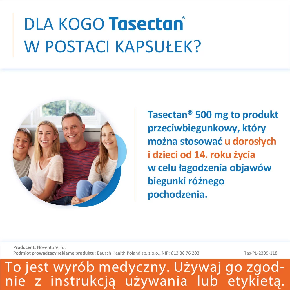 Tasectan 500 mg, kapsułki łagodzące objawy biegunki, 15 szt.