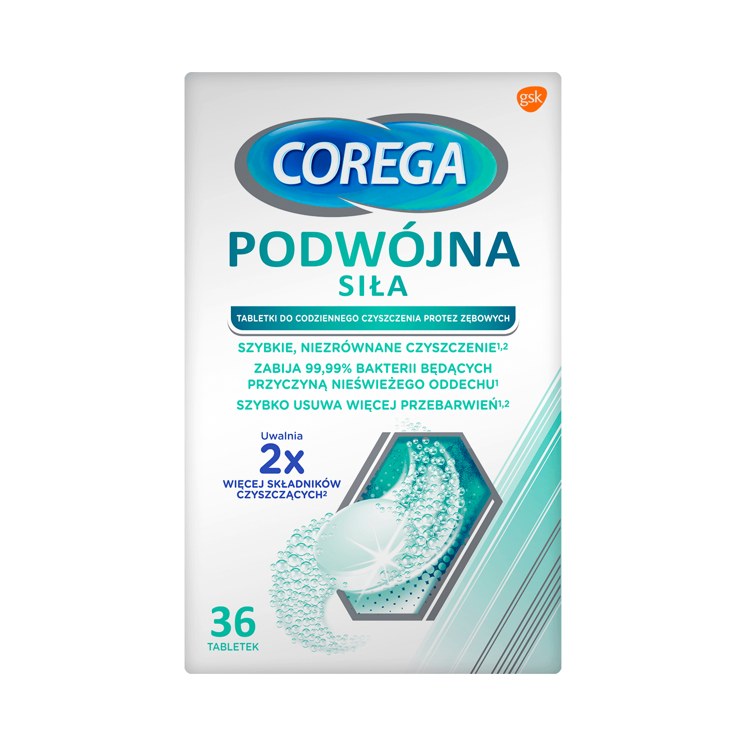 Corega Podwójna siła, tabletki do czyszczenia protez zębowych, 36 szt.