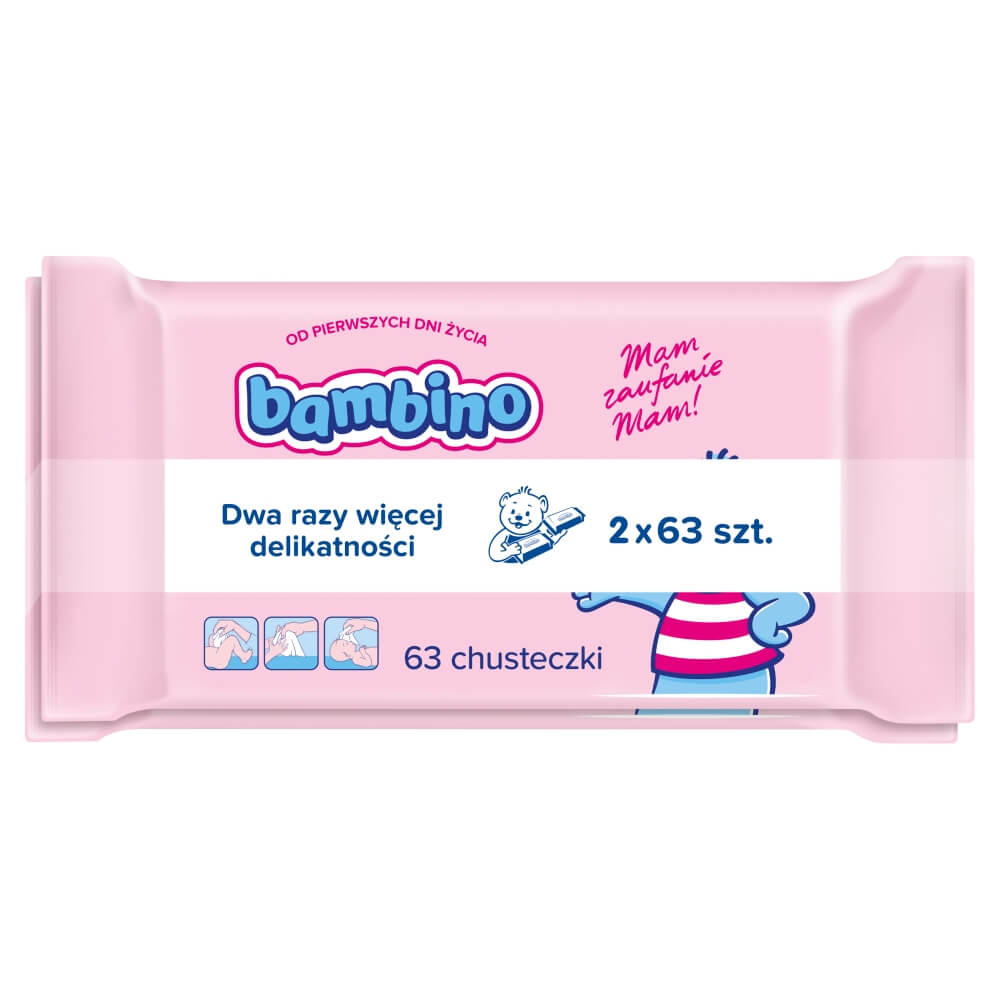 Bambino Chusteczki , dla niemowląt od 1. dnia życia, 2 opakowania po 63 szt.
