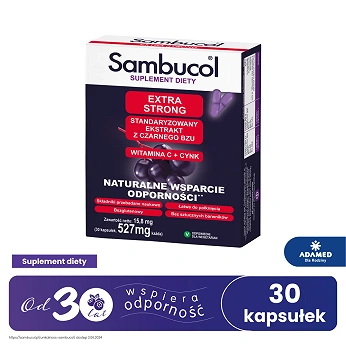 Sambucol Extra Strong, kapsułki ze składnikami wspierającymi układ odpornościowy dla dorosłych, 30 szt.