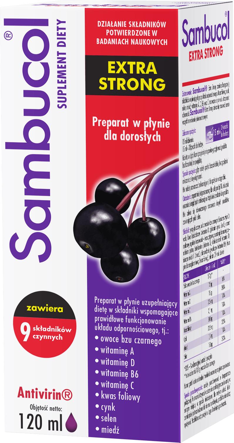 Sambucol Extra Strong, płyn ze składnikami wspierającymi układ odpornościowy dla dorosłych, 120 ml