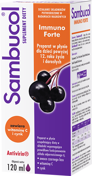Sambucol Immuno Forte, syrop ze składnikami wspomagającymi odporność, 120 ml
