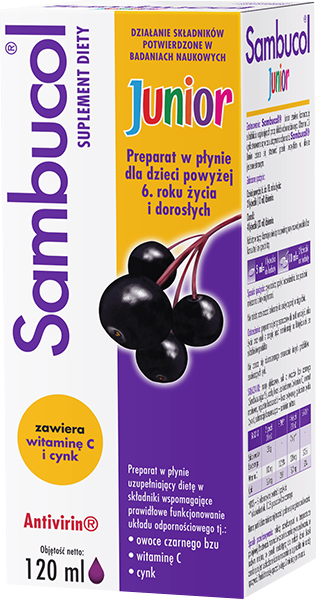 Sambucol Junior, płyn ze składnikami wspomagającymi układ odpornościowy, 120 ml