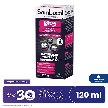 Sambucol Kids, syrop wspierający pracę układu odpornościowego z witaminą C, butelka 120 ml