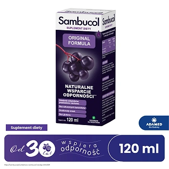 Sambucol Original Formula, płyn ze składnikami wspomagającymi prawidłowe funkcjonowanie układu odpornościowego, 120 ml