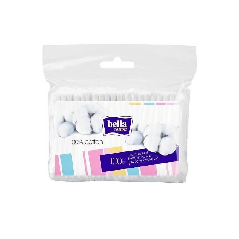 Bella Cotton Patyczki higieniczne, bawełniane do czyszczenia małżowiny usznej i punktowego nakładania kosmetyków, 100 szt.