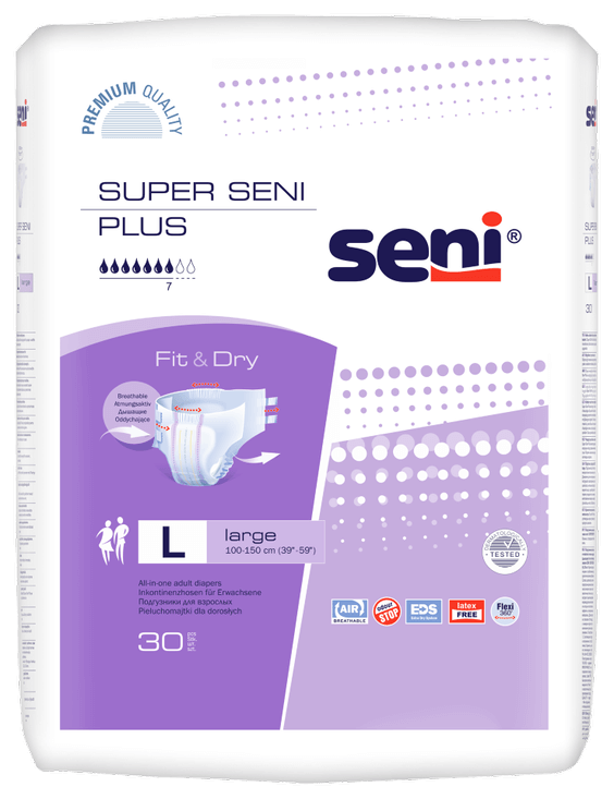 Seni Super Plus, pieluchomajtki rozmiar L (100-150 cm), 30 szt.