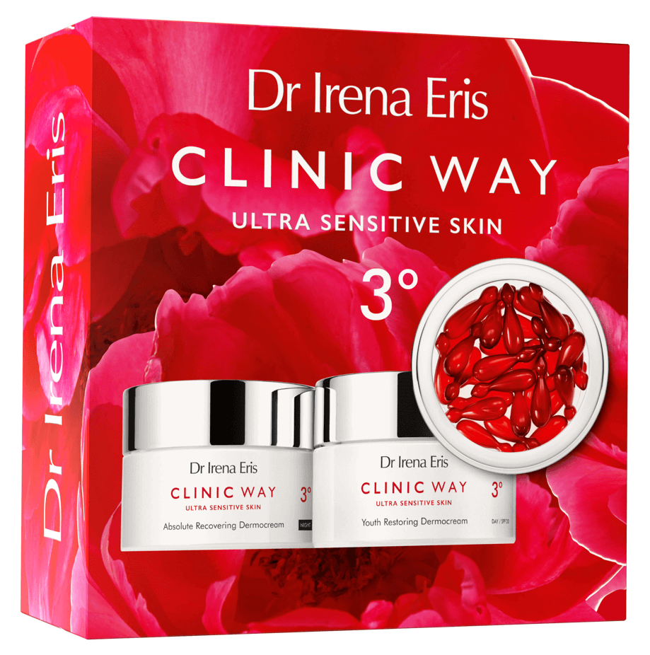 Dr Irena Eris CLINIC WAY ERIS 3°, zestaw: krem na dzień przywracający młodość skóry SPF20 - 50 ml + Krem odbudowujący na noc - 50 ml + Dermokapsułki rewitalizujące - 30 szt.