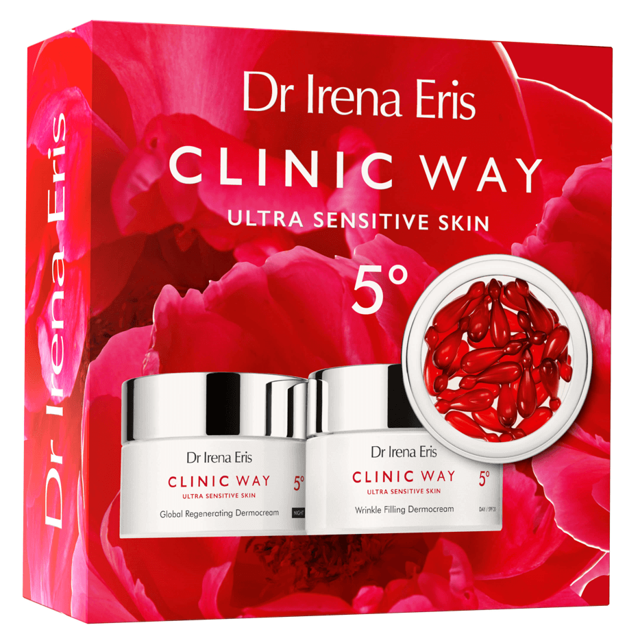 Dr Irena Eris CLINIC WAY 5º, zestaw: krem na dzień przeciwzmarszczkowy SPF20 - 50 ml + Krem regenerujący na noc - 50 ml + Dermokapsułki rewitalizujące - 30 szt