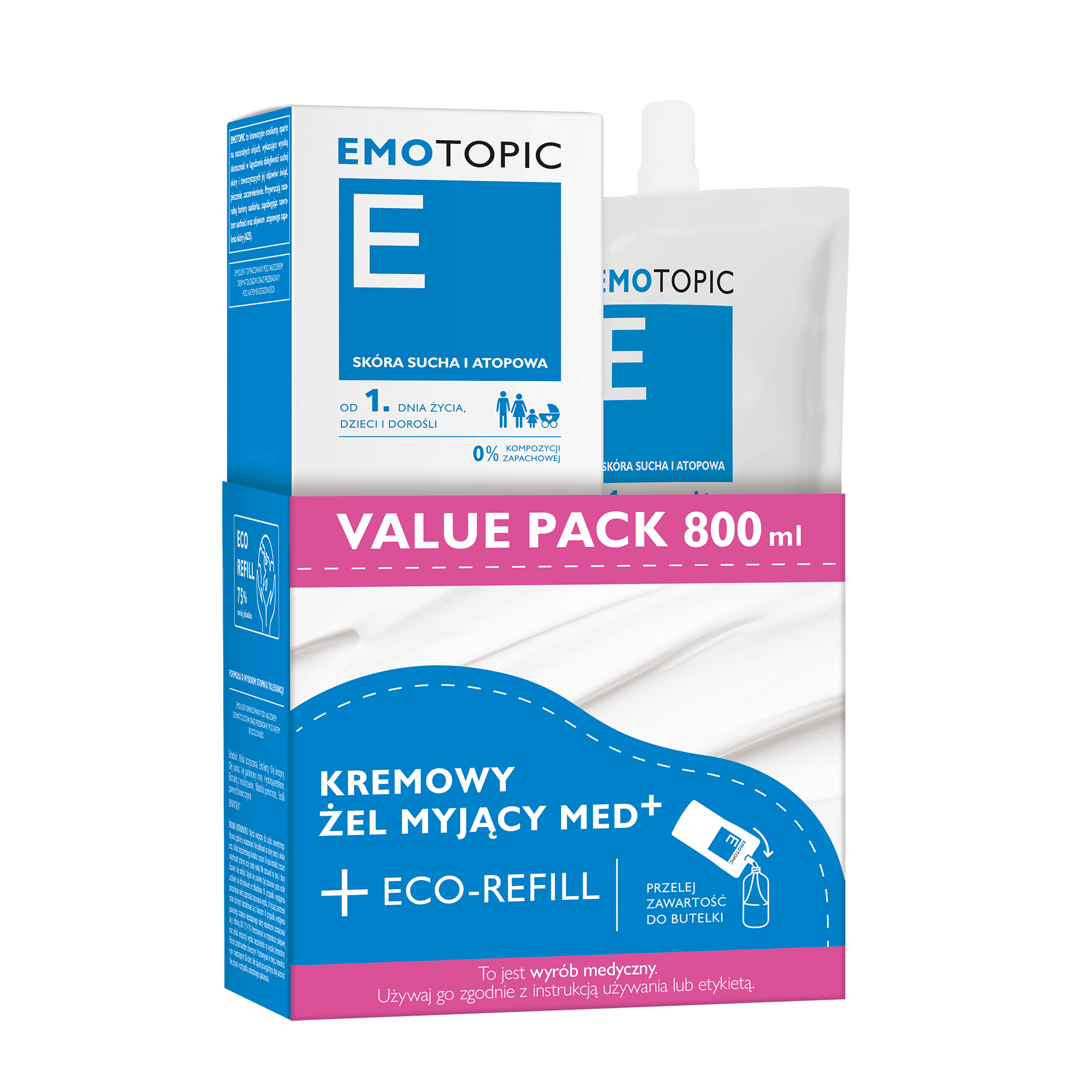Emotopic, zestaw: kremowy żel myjący Med+, 400ml + Eco-Refill, 400ml