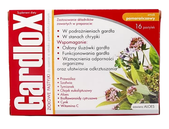 Gardlox, pastylki do ssania ziołowe ze składnikami wspomagającymi funkcjonowanie śluzówki gardła, pomarańczowe, 16 szt.