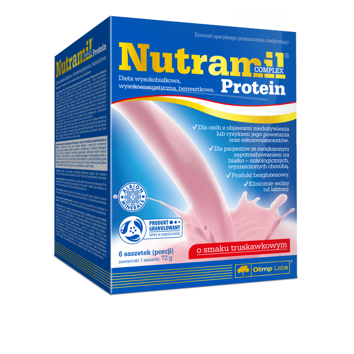 Olimp Nutramil Complex Protein  proszek w stanach zwiększonego zapotrzebowania na białko o smaku truskawkowym, 6 sasz. 