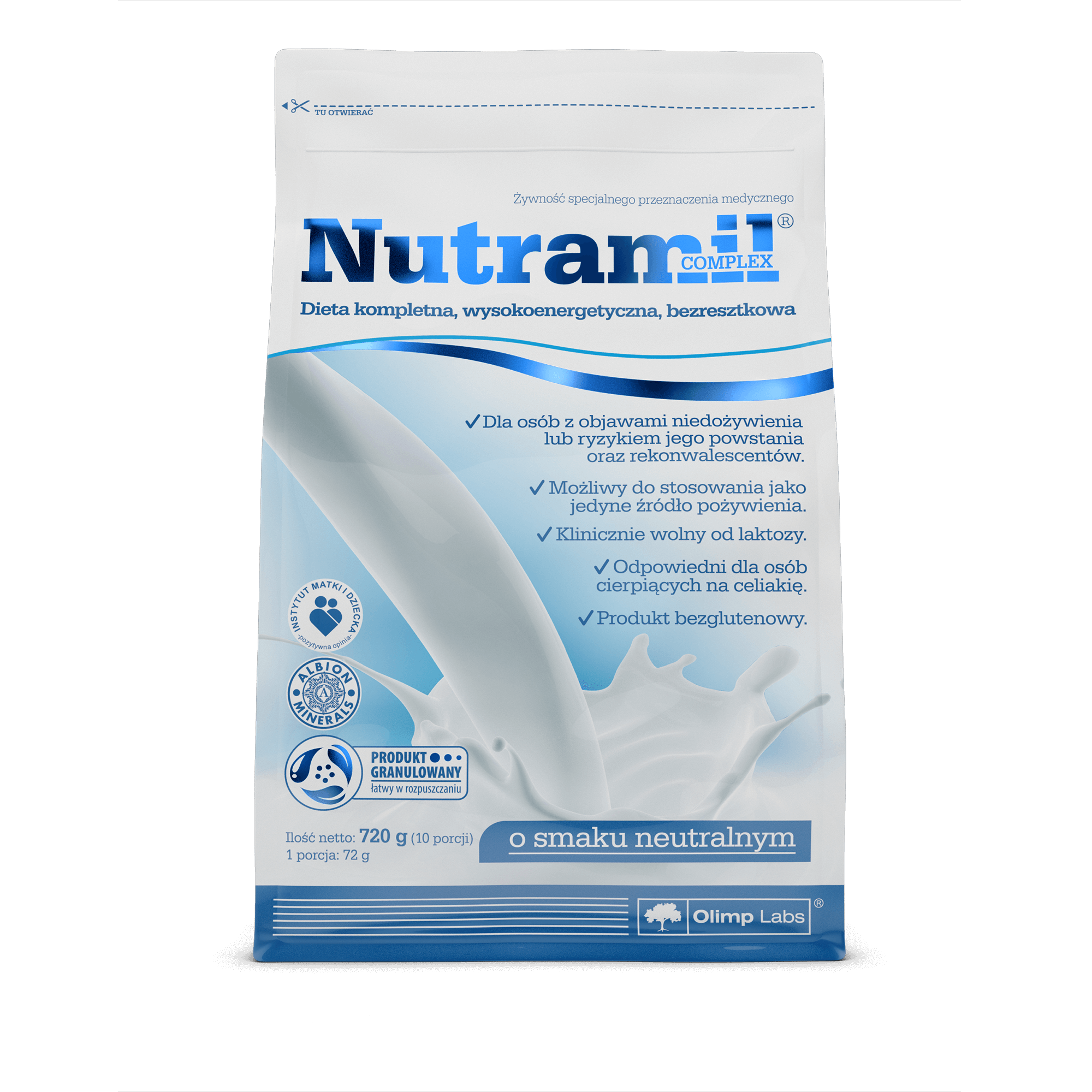 Olimp Nutramil Complex , proszek wysokoenergetyczny przeznaczony dla osób z objawami niedożywienia o smaku neutralnym, 720 g