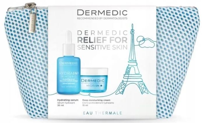 Dermedic Hydrain 3 Hialuro, serum nawadniające, 30 ml + krem dogłębnie nawilżające, 15 ml + kosmetyczka