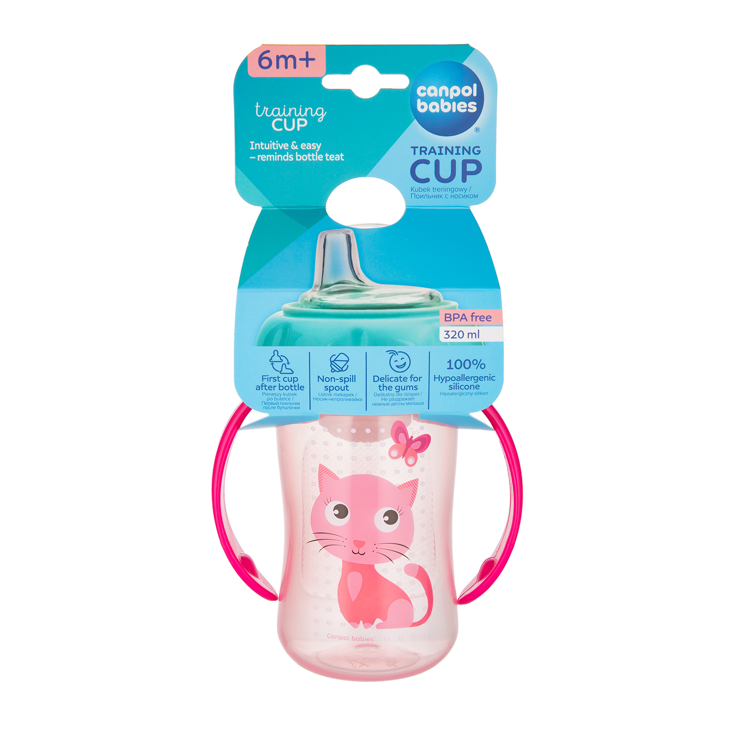 Canpol Babies , kubek treningowy ustnik silikonowy 320 ml CUTE ANIMALS różowy, 1 szt.