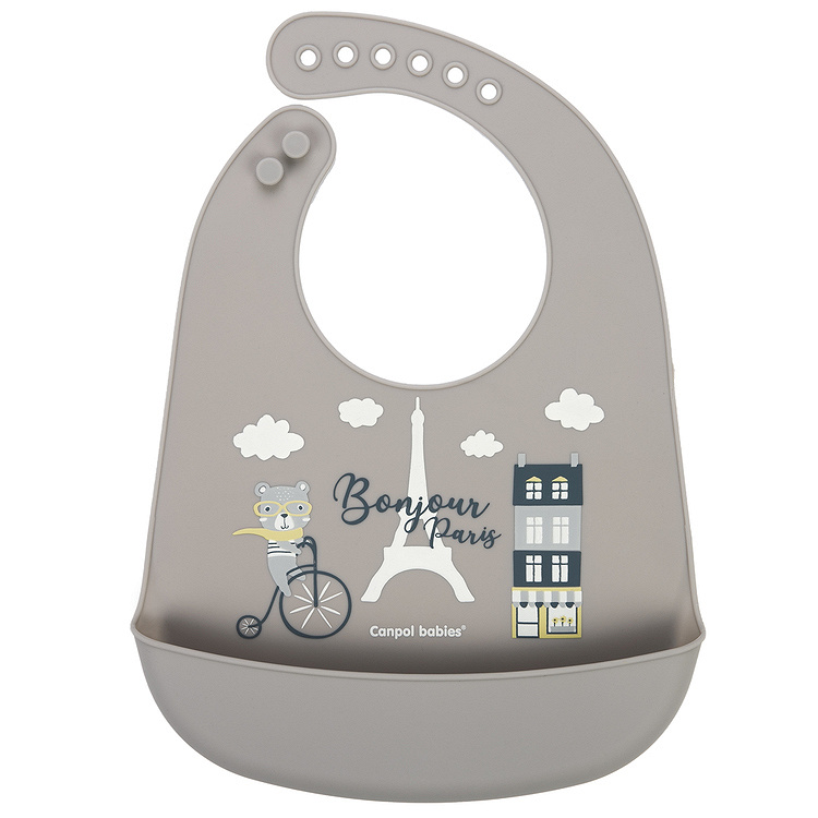 Canpol Babies, śliniak silikonowy z kieszonką BONJOUR PARIS beżowy, 1 szt.