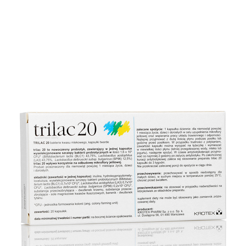 Trilac 20, kapsułki na biegunkę oraz do odbudowy flory jelitowej, 20 szt.