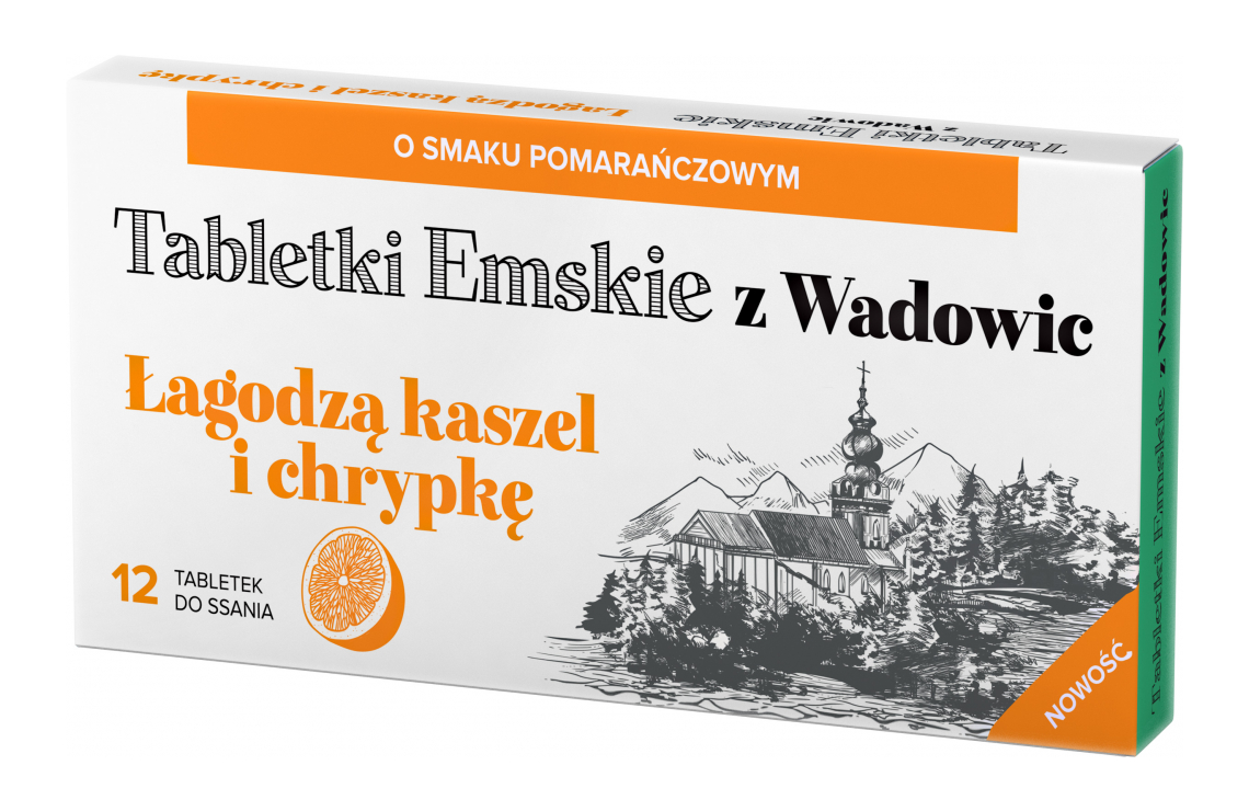 Tabletki Emskie z Wadowic, tabletki łągodzące kaszel i chrypkę o smaku pomarańczowym, 12 szt.
