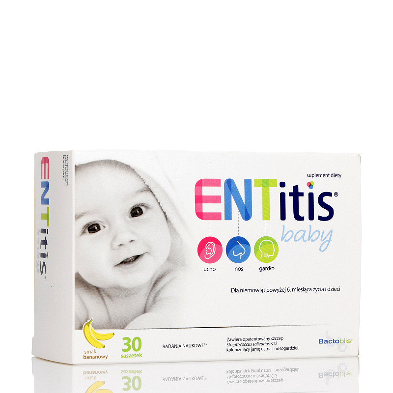ENTitis Baby, proszek ze składnikami wspomagającymi utrzymanie równowagi fizjologicznej mikroflory jamy ustnej i nosa, dla dzieci o smaku bananowym, 30 sasz.
