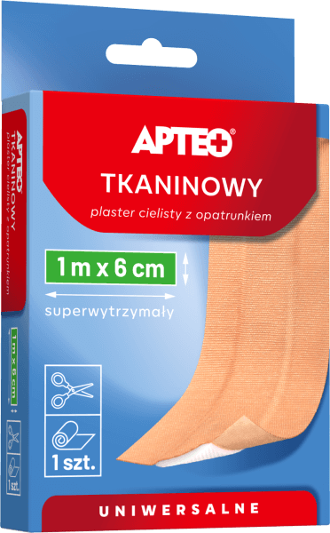 Plaster tkaninowy z opatrunkiem cielisty APTEO  uniwersalny, 1 m x 6 cm, 1 szt.