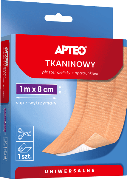 Plaster tkaninowy z opatrunkiem cielisty APTEO, uniwersalny, 1 m x 8 cm, 1 szt.