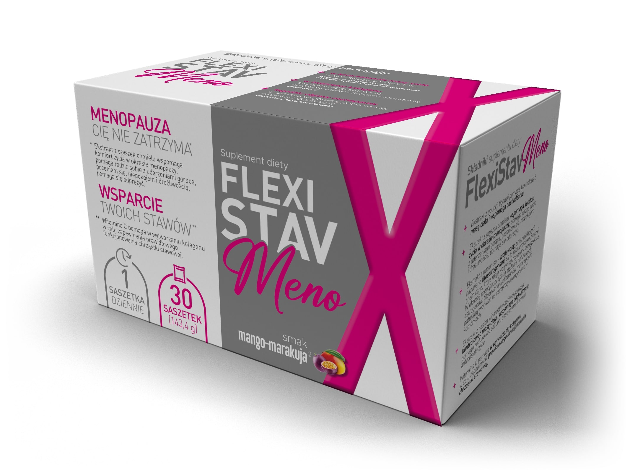 FlexiStav Meno, proszek o smaku mango-marakuja ze składnikami wspomagającymi podczas menopauzy, 30 szt.