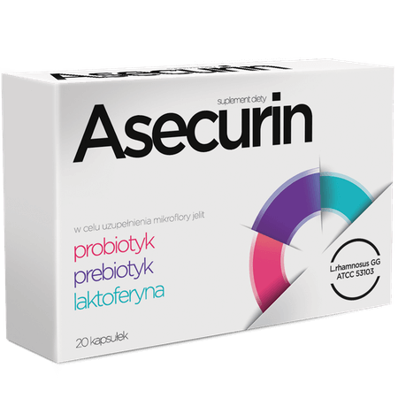 Asecurin, kapsułki ze składnikami wspomagającymi uzupełnienie mikroflory bakteryjnej jelit, 20 szt.