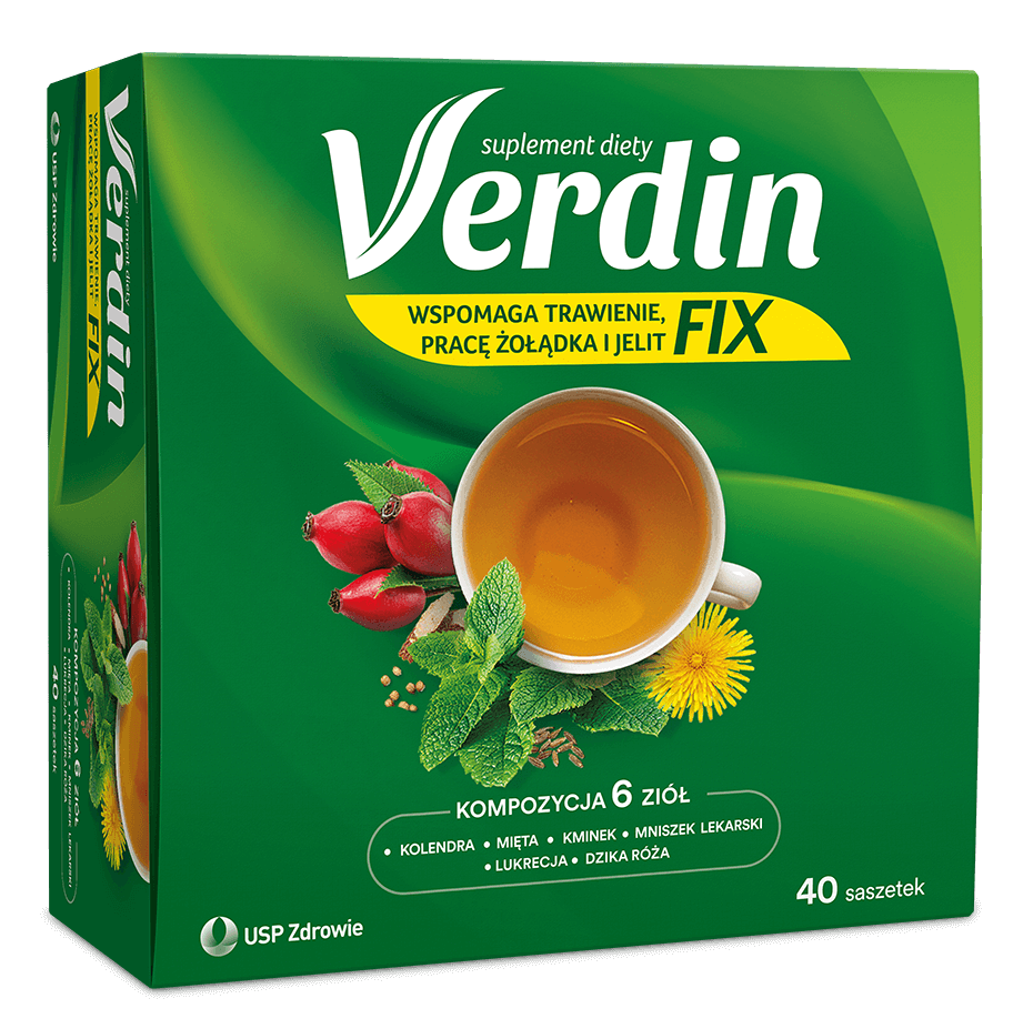Verdin fix, herbata ze składnikami wspierającymi trawienie i prawidłową pracę jelit, żołądka, 40 sasz.