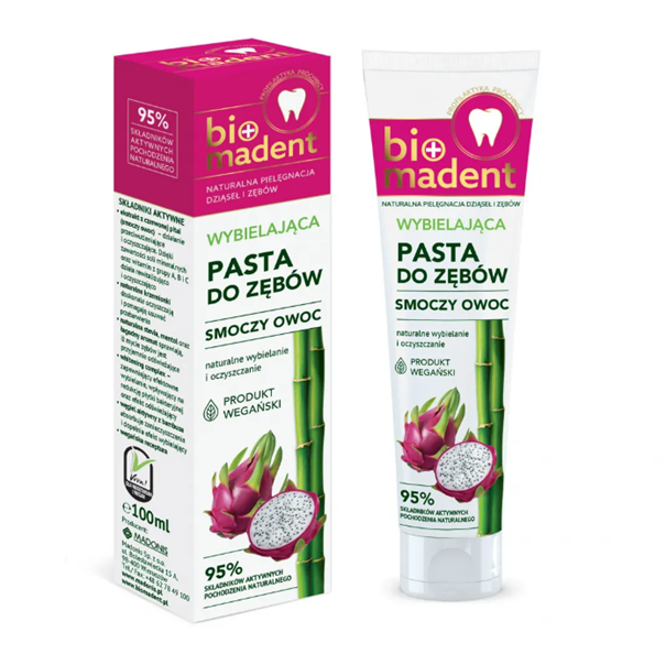 MADONIS Bio Madent, wybielająca pasta do zębów z węglem drzewnym, smoczy owoc, 100 ml — Inhaltsstoffe i ocena