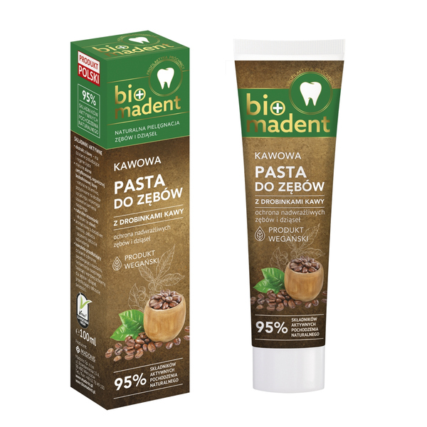 Biomadent , kawowa pasta do zębów z drobinkami kawy, 100 g.