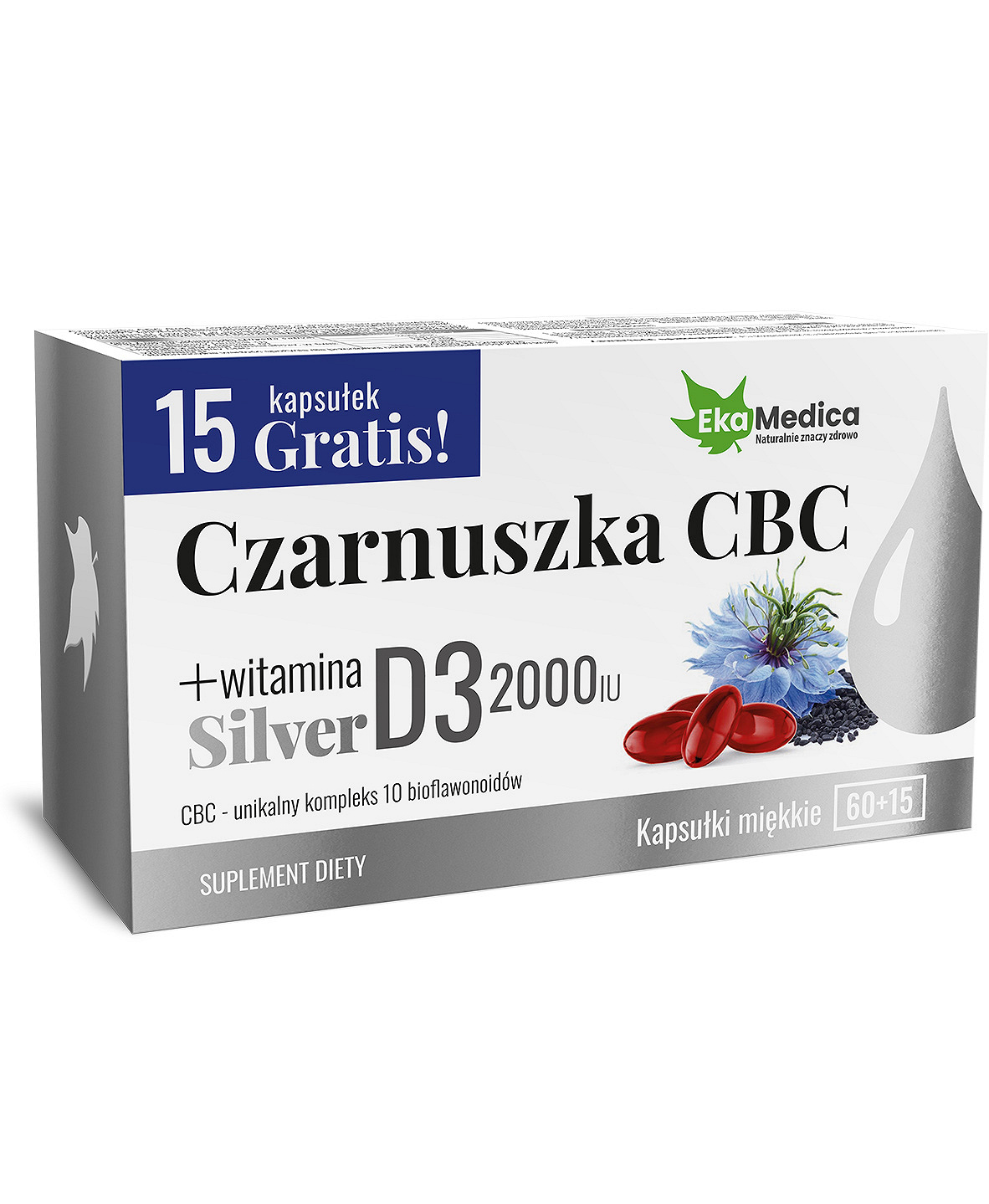 Czarnuszka CBC Silver kapsułki ze składnikami unikalnego kompleksu 10 bioflawonoidów + witaminą D3, 60 szt. + 15 szt..