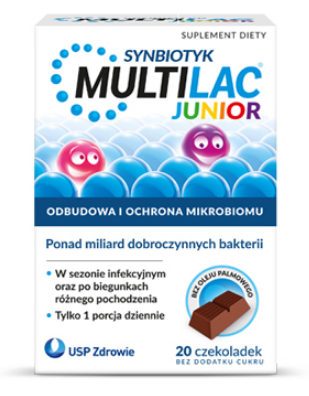 Multilac Junior, czekoladki bez cukru ze składnikami uzupełniającymi florę bakteryjną, 20 szt. KRÓTKA DATA 30.06.2025