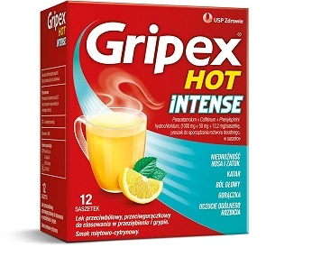 Gripex Hot Intense, lek przeciwbólowy, przeciwgorączkowy do stosowania w przeziębieniu i grypie, smak miętowo-cytrynowy, 12 szt.