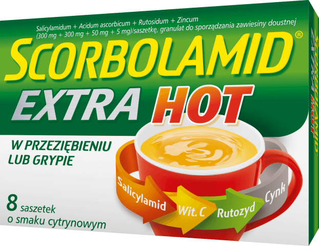 Scorbolamid Extra Hot, proszek na objawy przeziębienia i grypy o smaku cytrynowym, 8 szt.