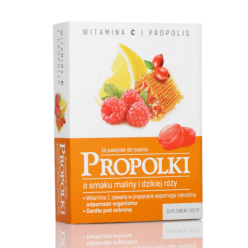 Propolki, pastylki do ssania ze składnikami wspierającymi odporność o smaku maliny i dzikiej róży, 16 szt.