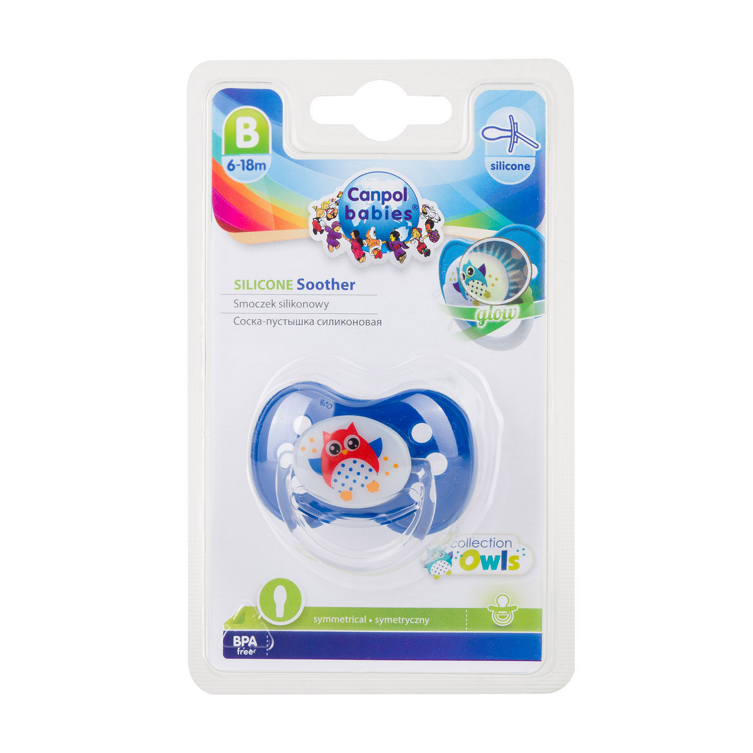 Canpol Babies, smoczek uspokajający silikon 6-18m symetryczny OWLS, 1 szt.