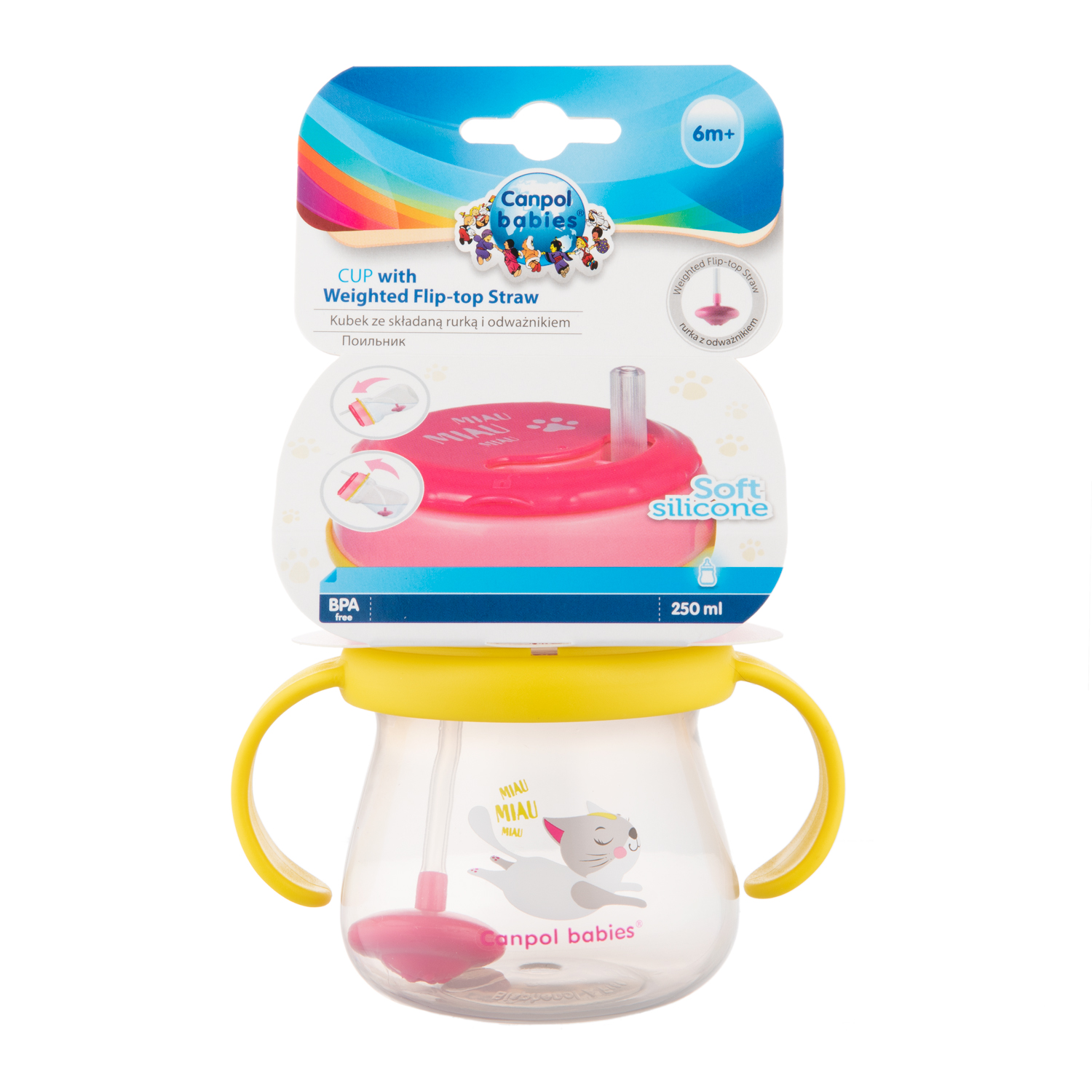Canpol Babies , kubek ze składaną rurką silikonową z odważnikiem KOTEK 250ml, 1 szt.