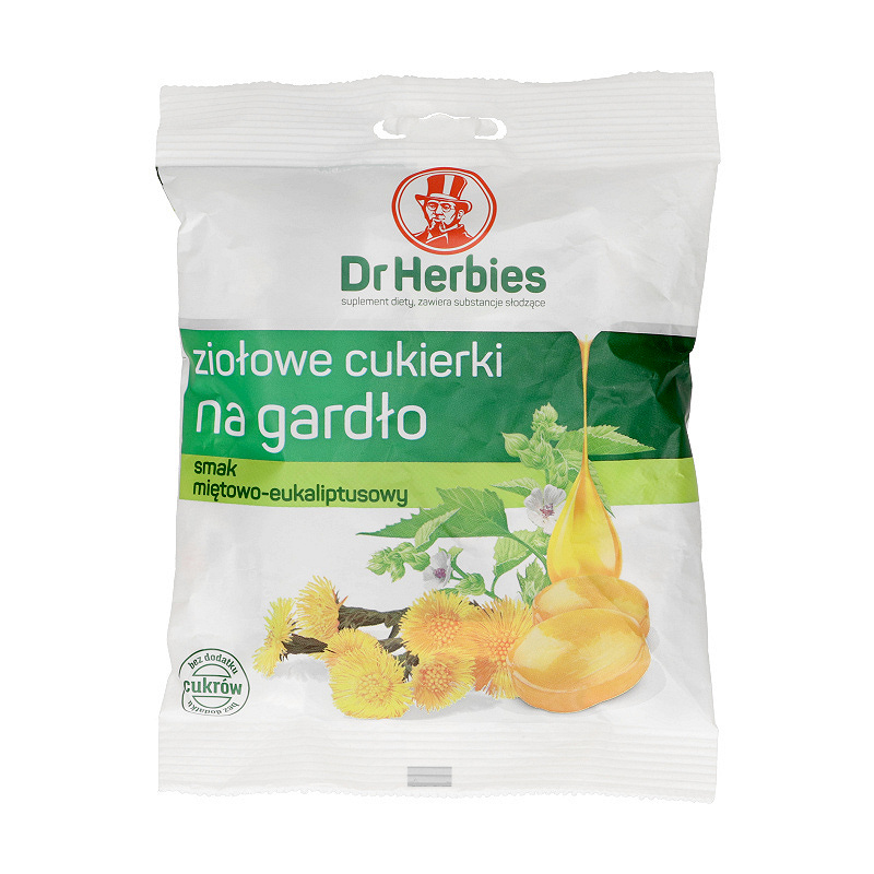 Dr Herbies ,  cukierki ziołowe na gardło o smaku miętowo-eukaliptusowy, 70 g