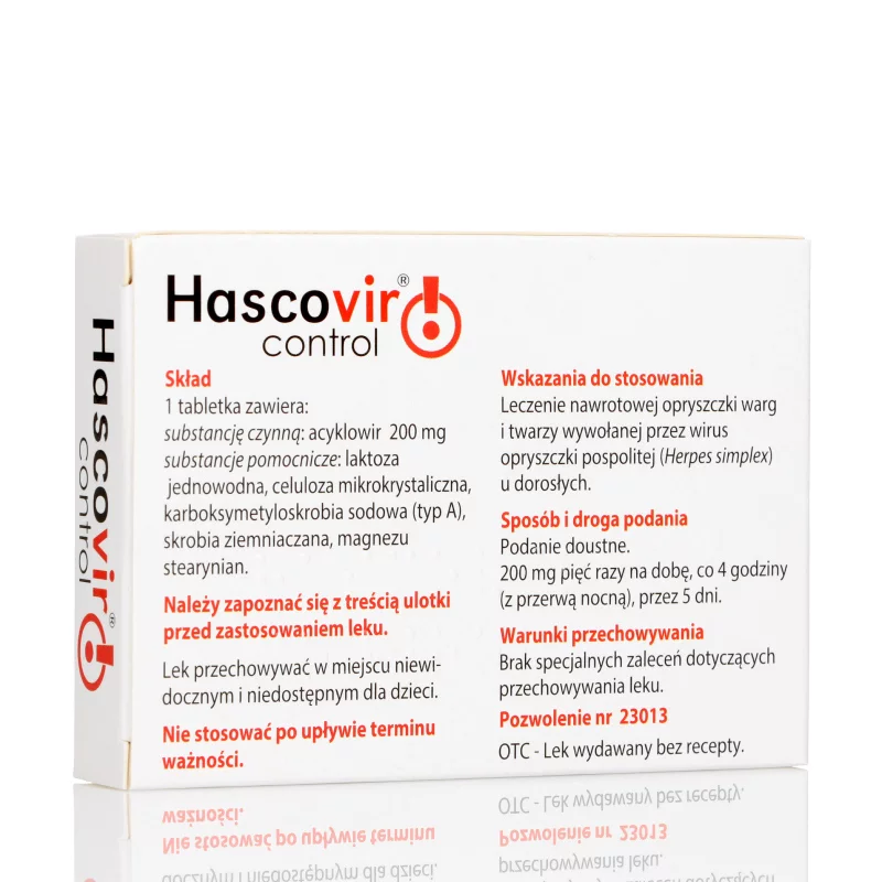 Hascovir Control, tabletki na nawrotową opryszczkę warg i twarzy, 25 szt.