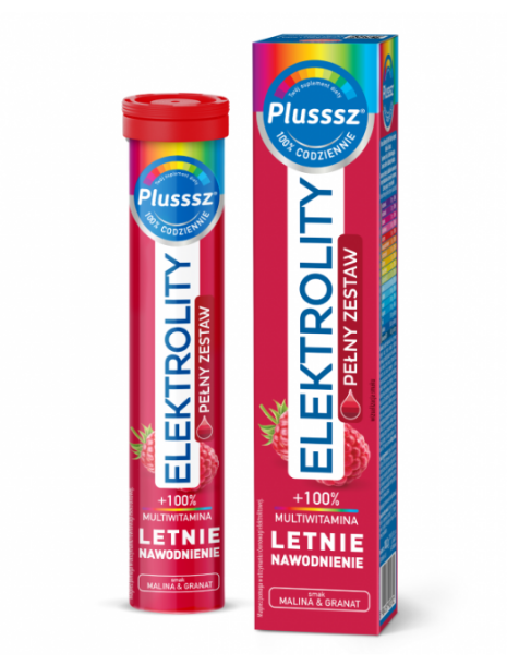 Plusssz Elektrolity + 100% Multiwitamina, malina & granat, 24 tabletki musujące