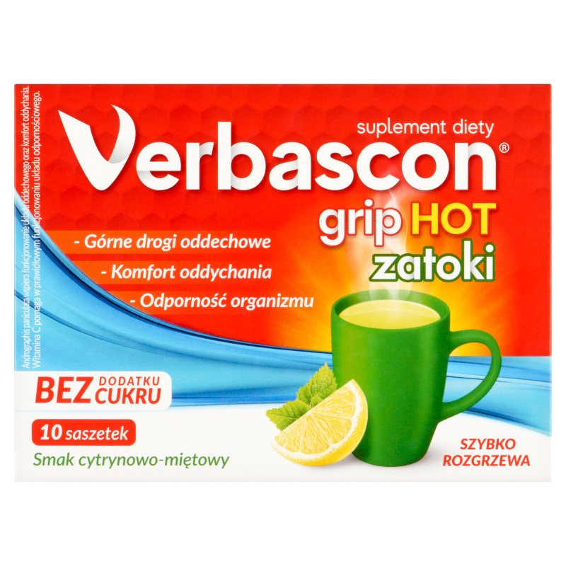 Verbascon, Grip Hot zatoki 10 saszetek, smak cytrynowo-miętowy