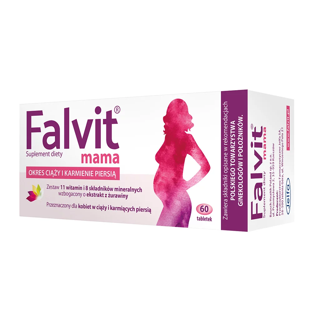 Falvit mama, tabletki z zestawem składników i witamin dla kobiet w ciąży i karmiących, 60 szt.